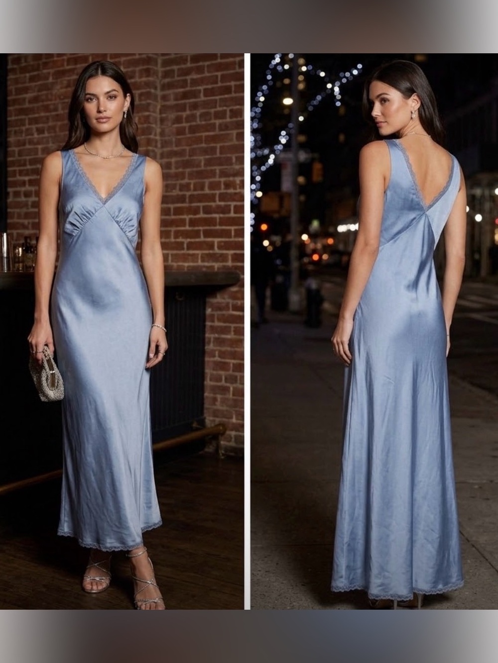 American Eagle Blue Satin Lace Trim Maxi Slip Dress XS Ruched Romance Coquette